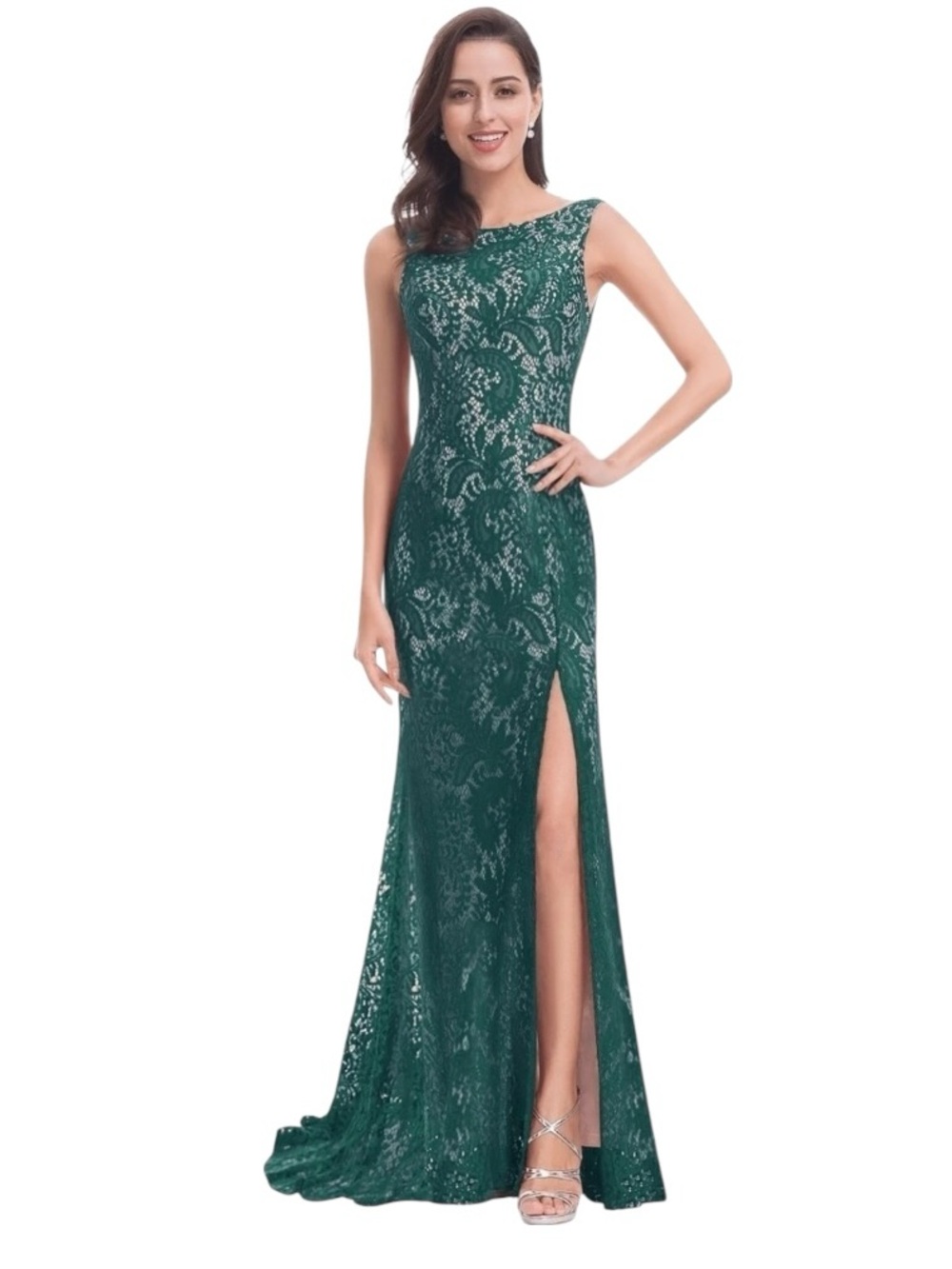 Ever Pretty Emerald Green Lace Maxi Formal Dress Size 8 Stretch Evening Gown